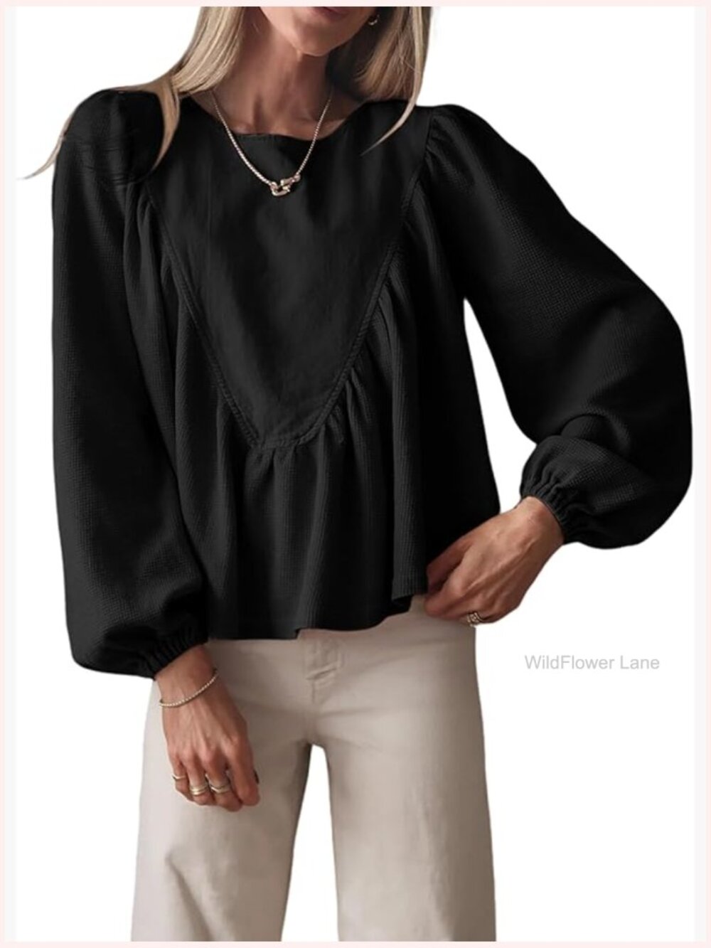 Womens Waffle Knit Peplum Blouse Long Sleeve Babydoll Top Loose Flowy Button